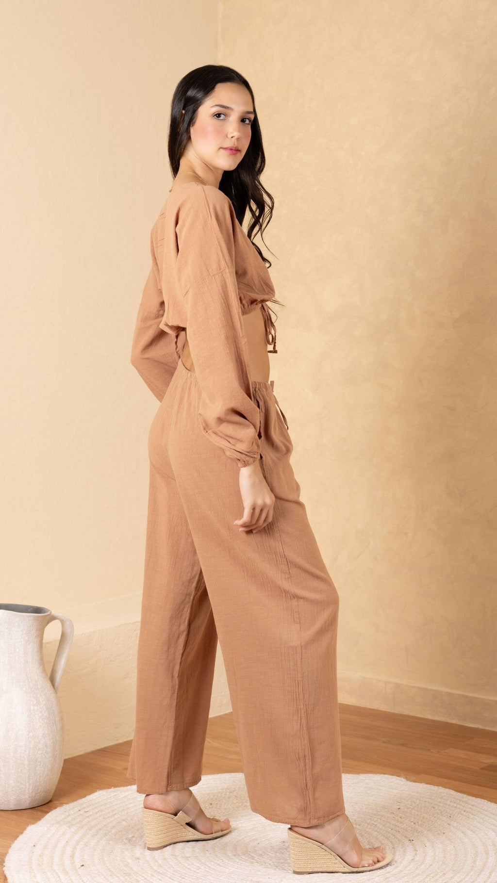 Aria Tie-Front Billowy Long Sleeve Cotton Crop Top