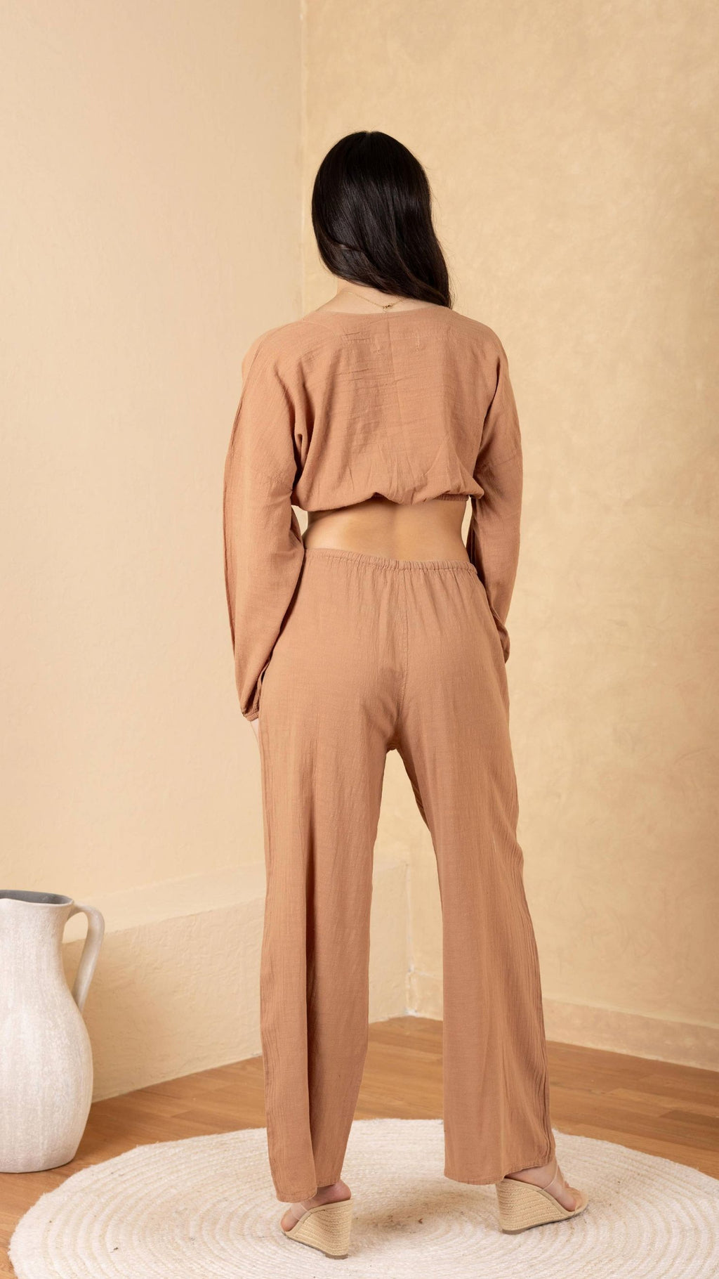 Aria Tie-Front Billowy Long Sleeve Cotton Crop Top