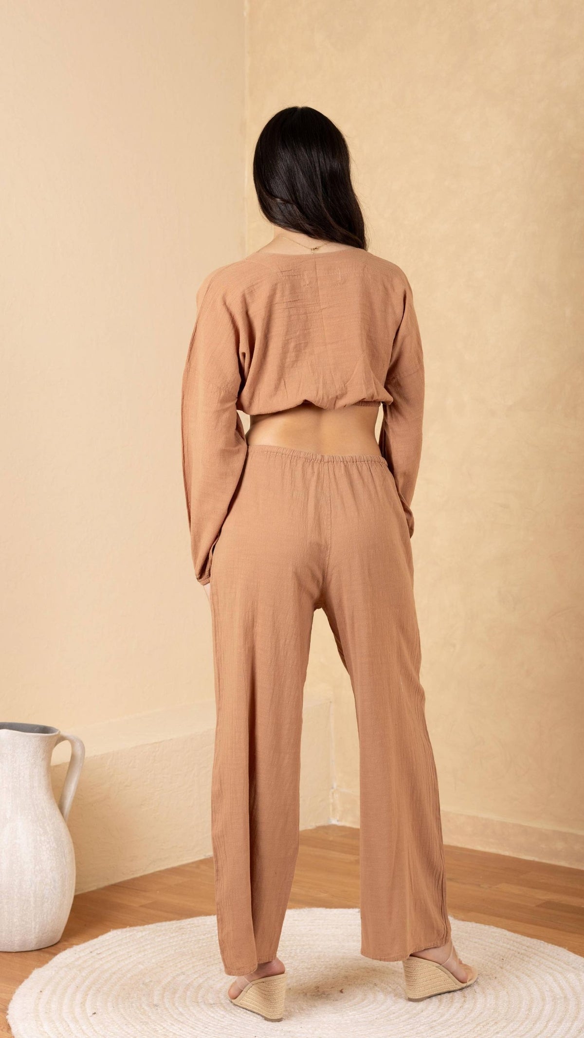 Aria Tie-Front Billowy Long Sleeve Cotton Crop Top