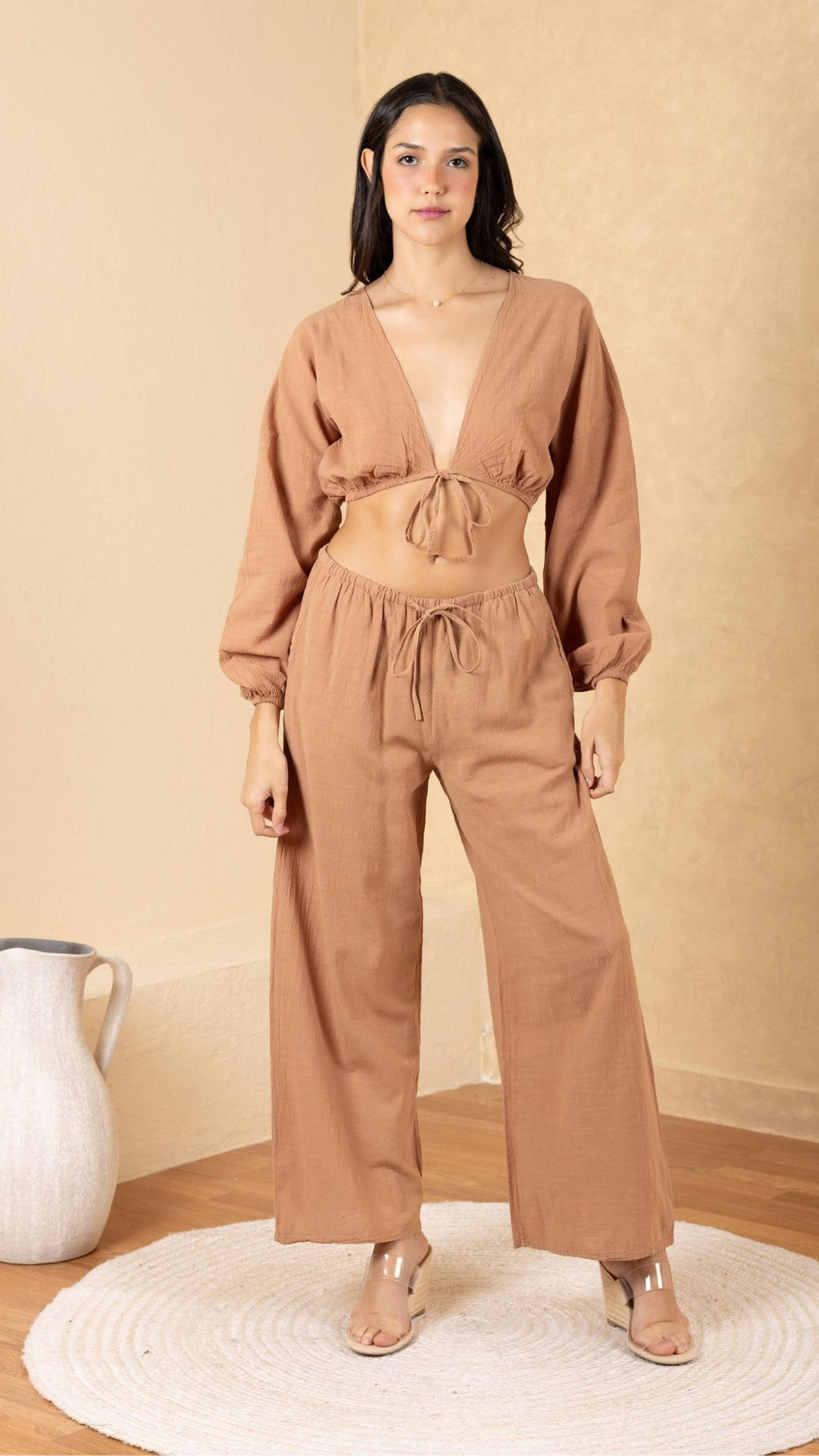 Aria Drawstring Wide Leg Cotton Resort Pants