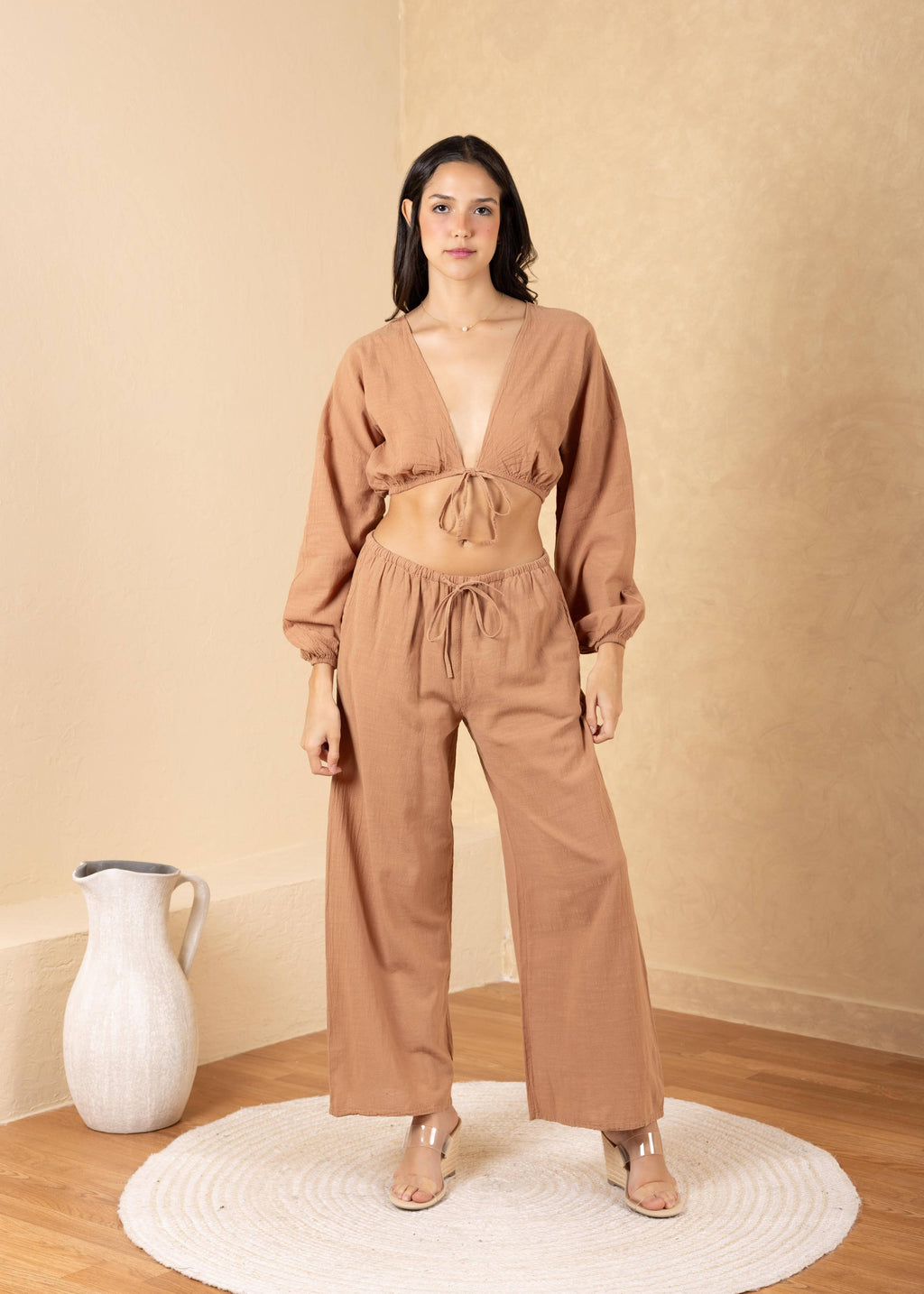 Aria Tie-Front Billowy Long Sleeve Cotton Crop Top