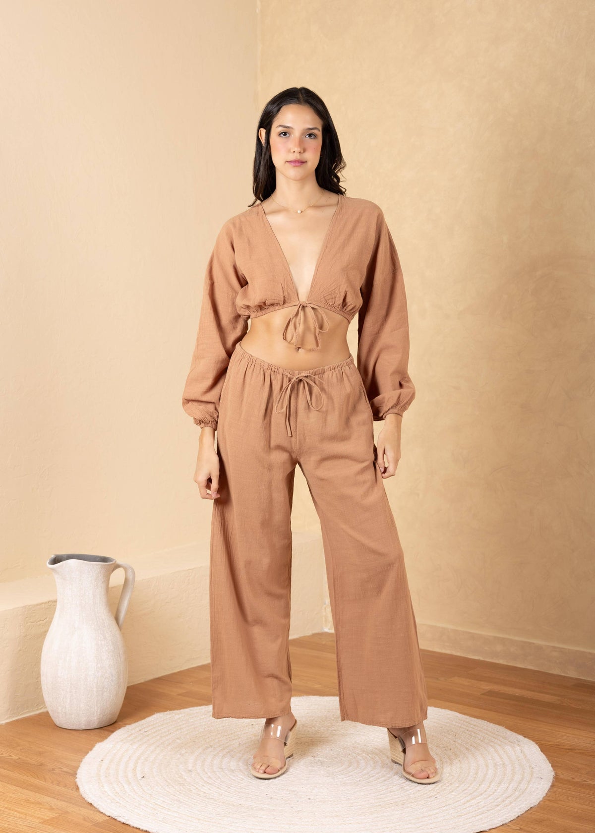 Aria Tie-Front Billowy Long Sleeve Cotton Crop Top